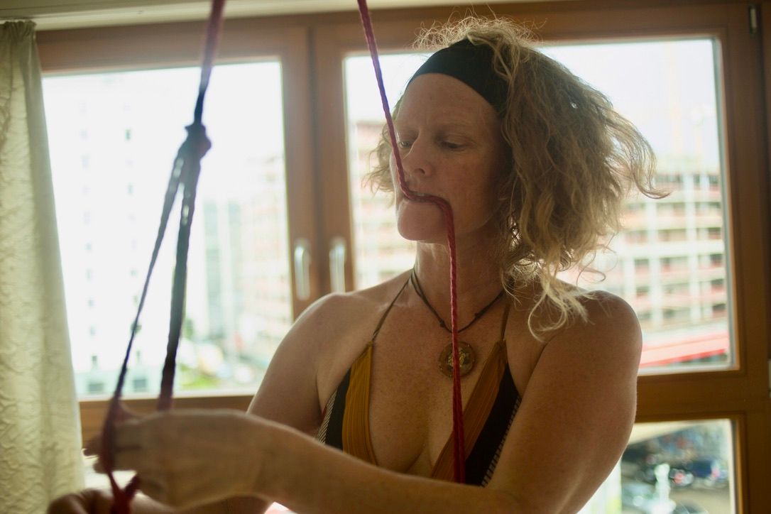 Heather Rhea Dawn with rope, eyes closed in presence